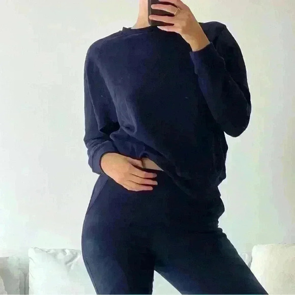 NWT Tate Jones Lounge Cozy Set Crew Sweatshirt + Side Slit Sweat Navy Si… - Picture 6 of 13